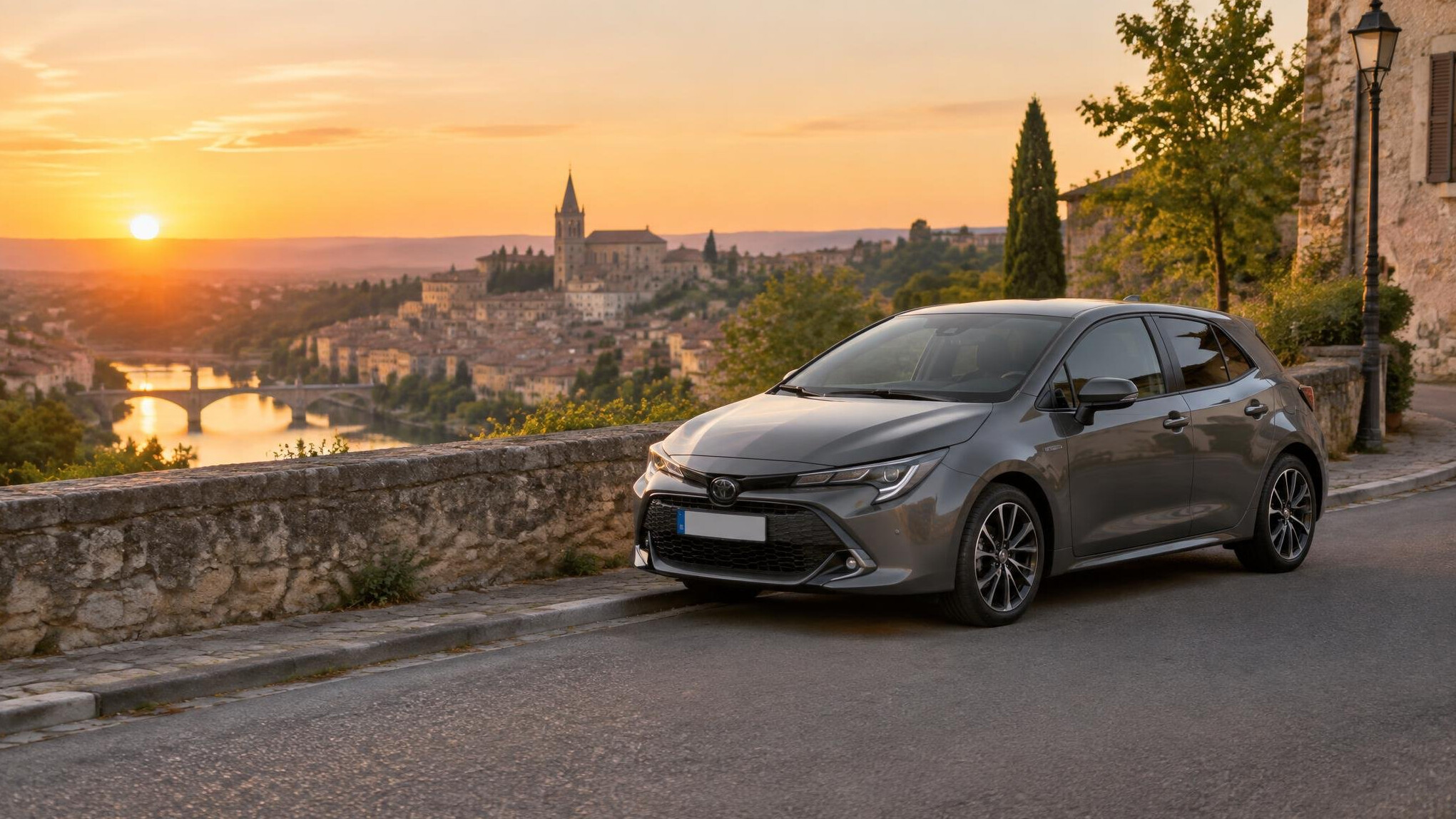 Modern car parked on a road at sunset