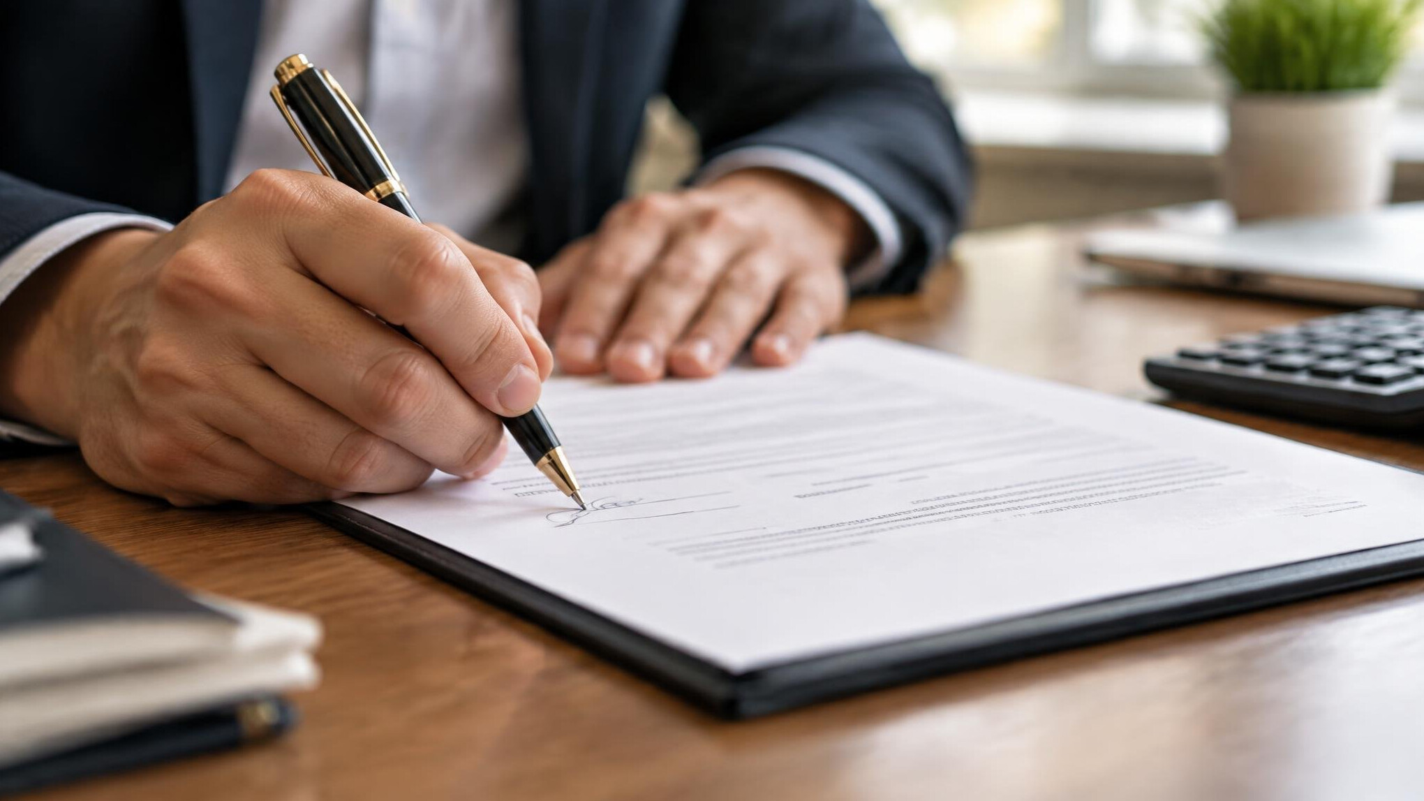Signing a financing contract with a pen on a desk