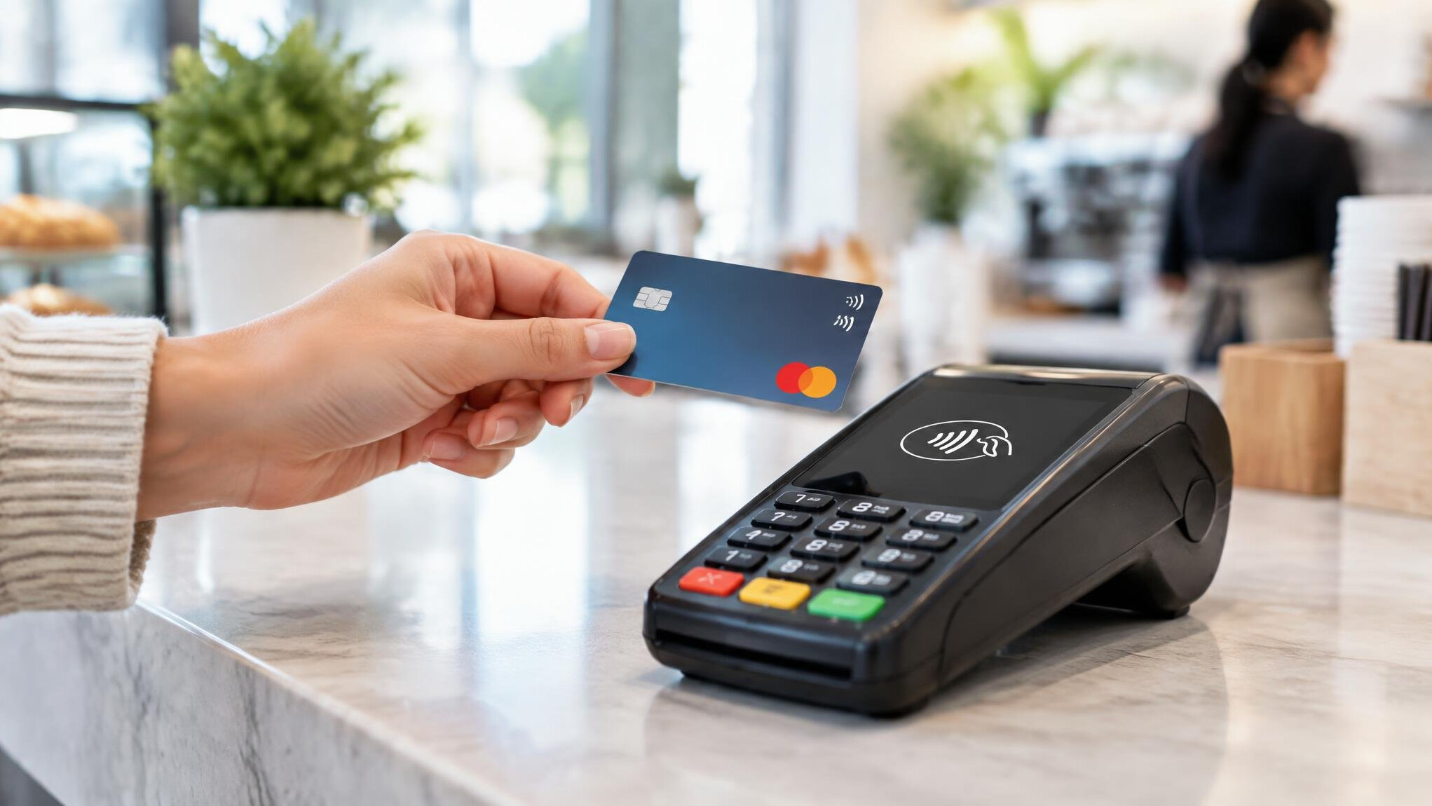 Customer paying with a card at a counter