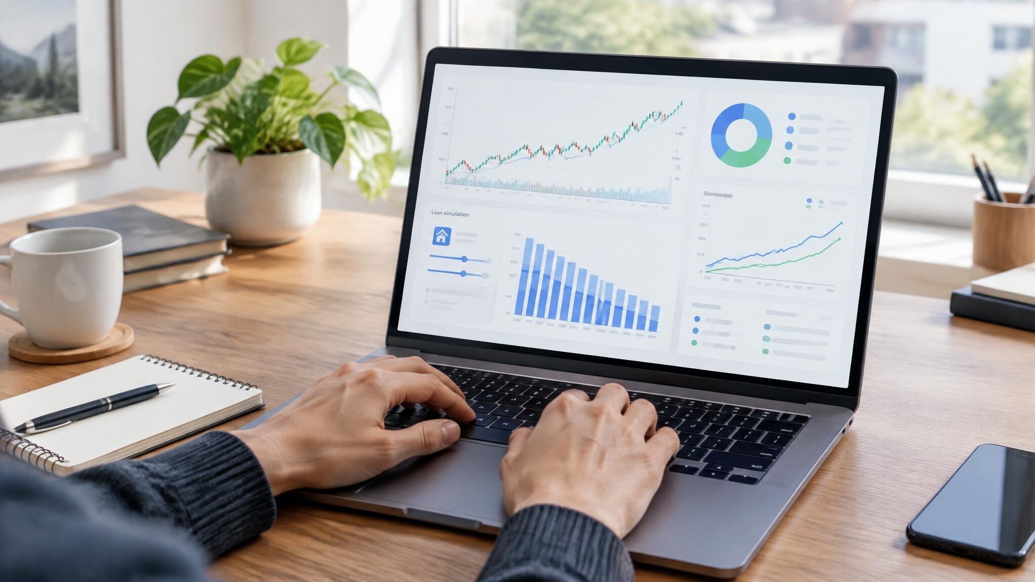 Laptop showing financial charts on a desk