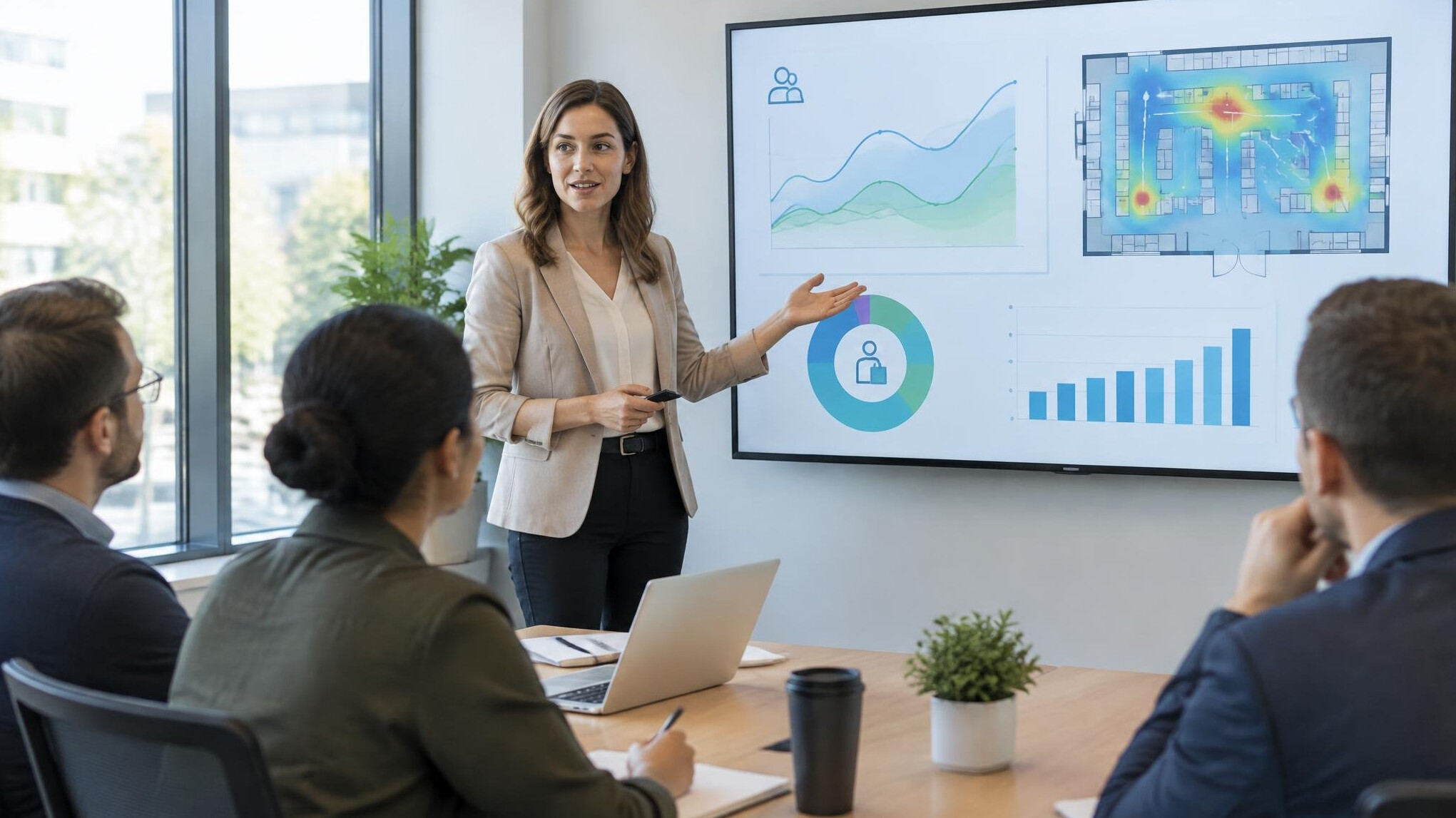 Presentation in a meeting room with charts on screen