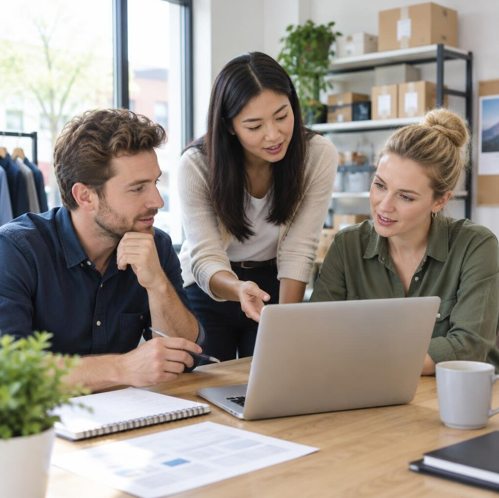 Colleagues collaborating around a laptop