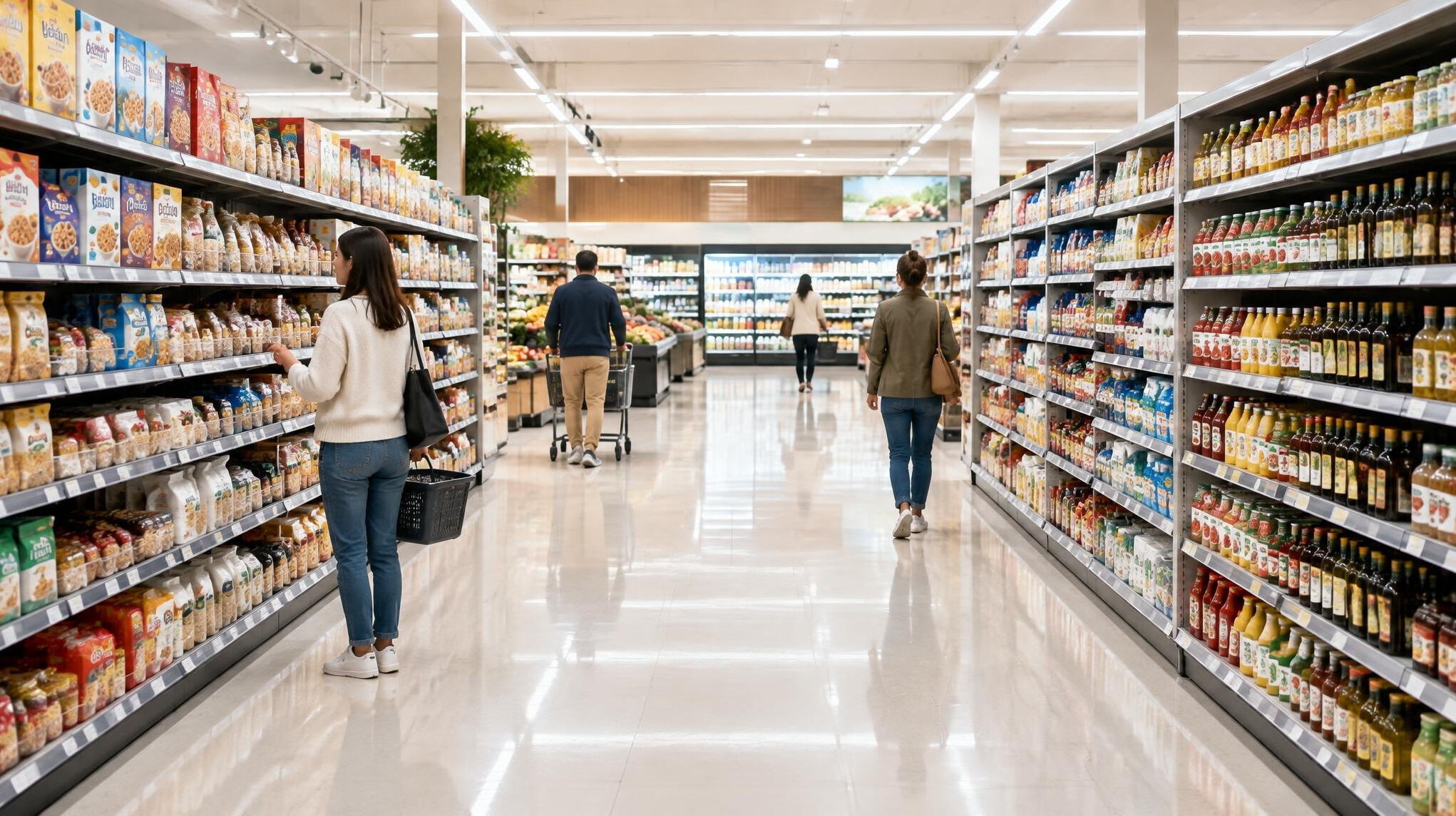 Supermarket aisle with products on shelves