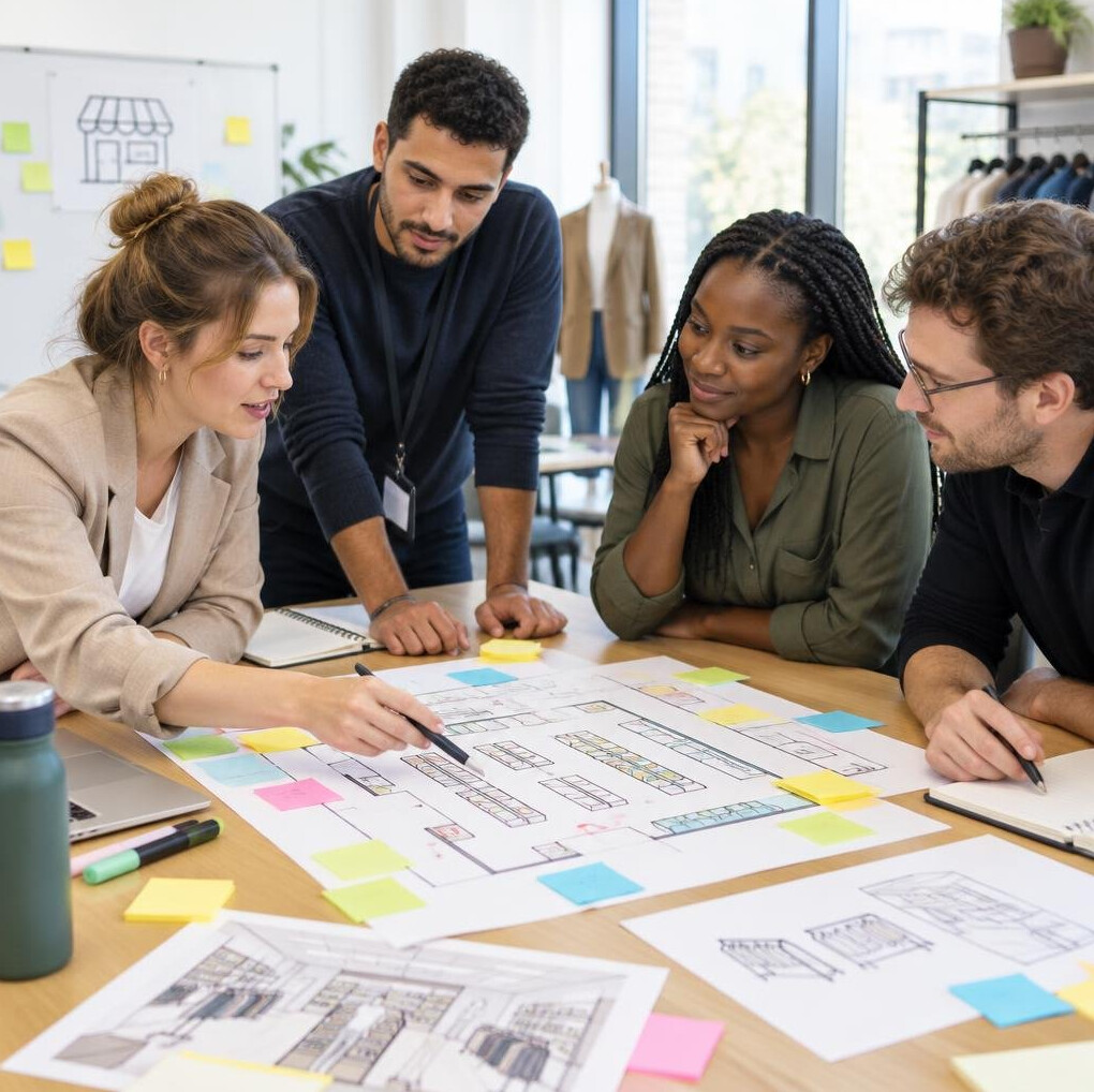 Team workshop with sticky notes on a table