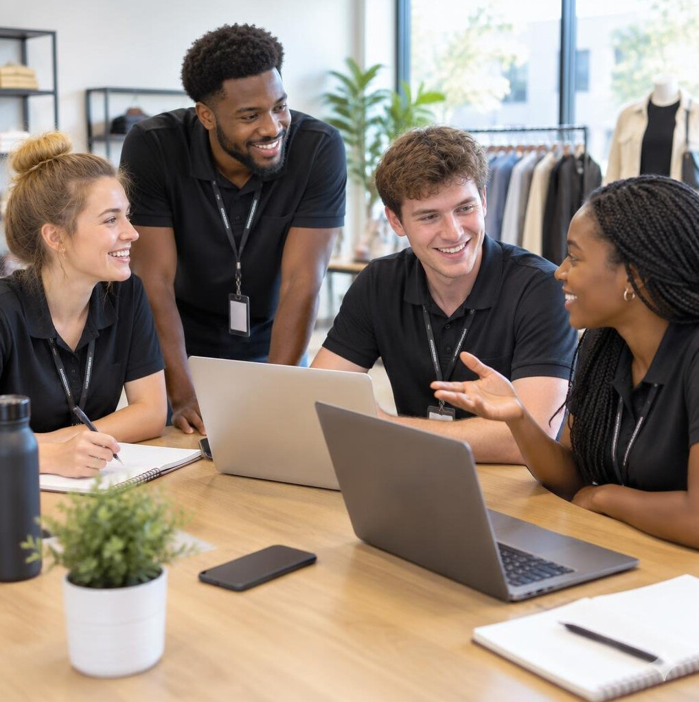 People working together at a table with laptops