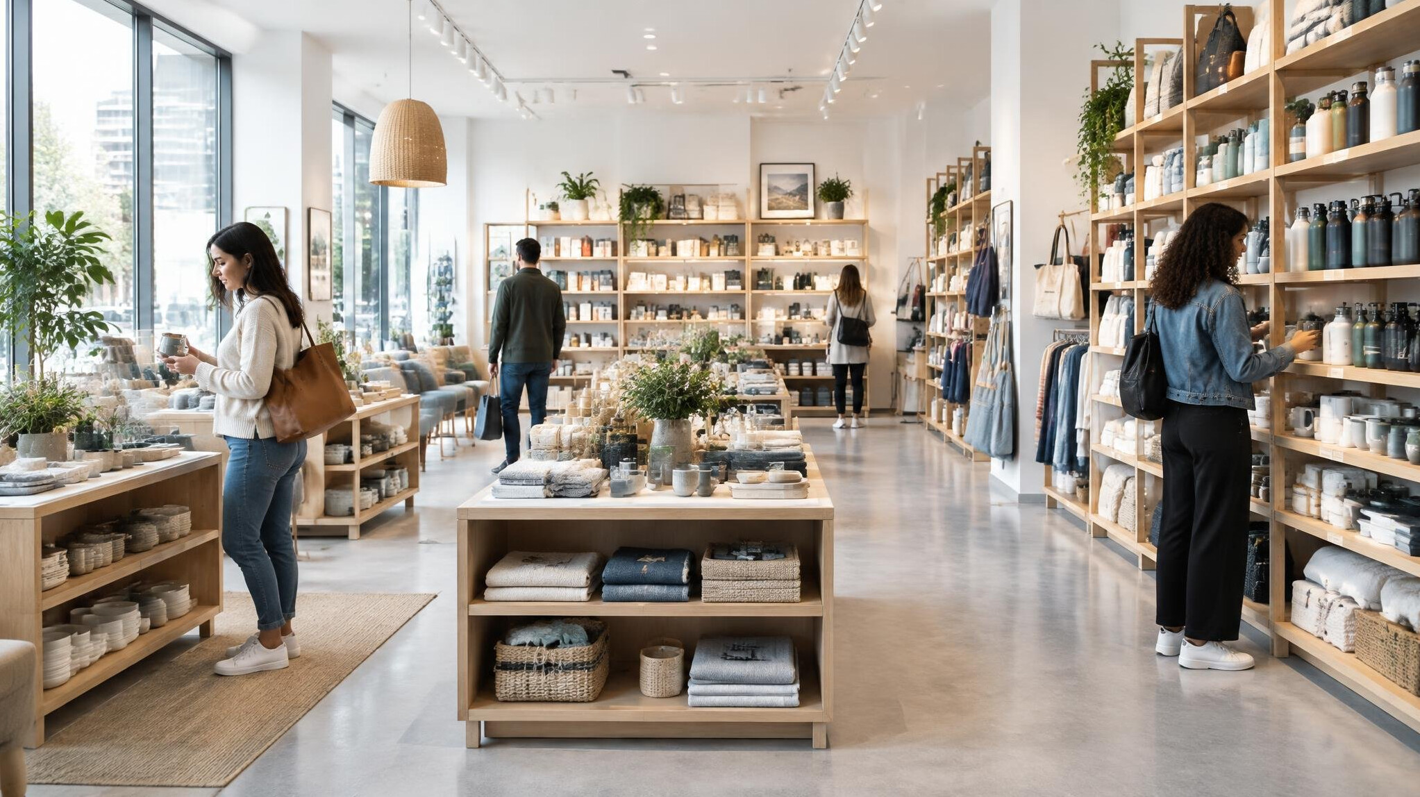 Bright retail store interior with shelves and customers browsing